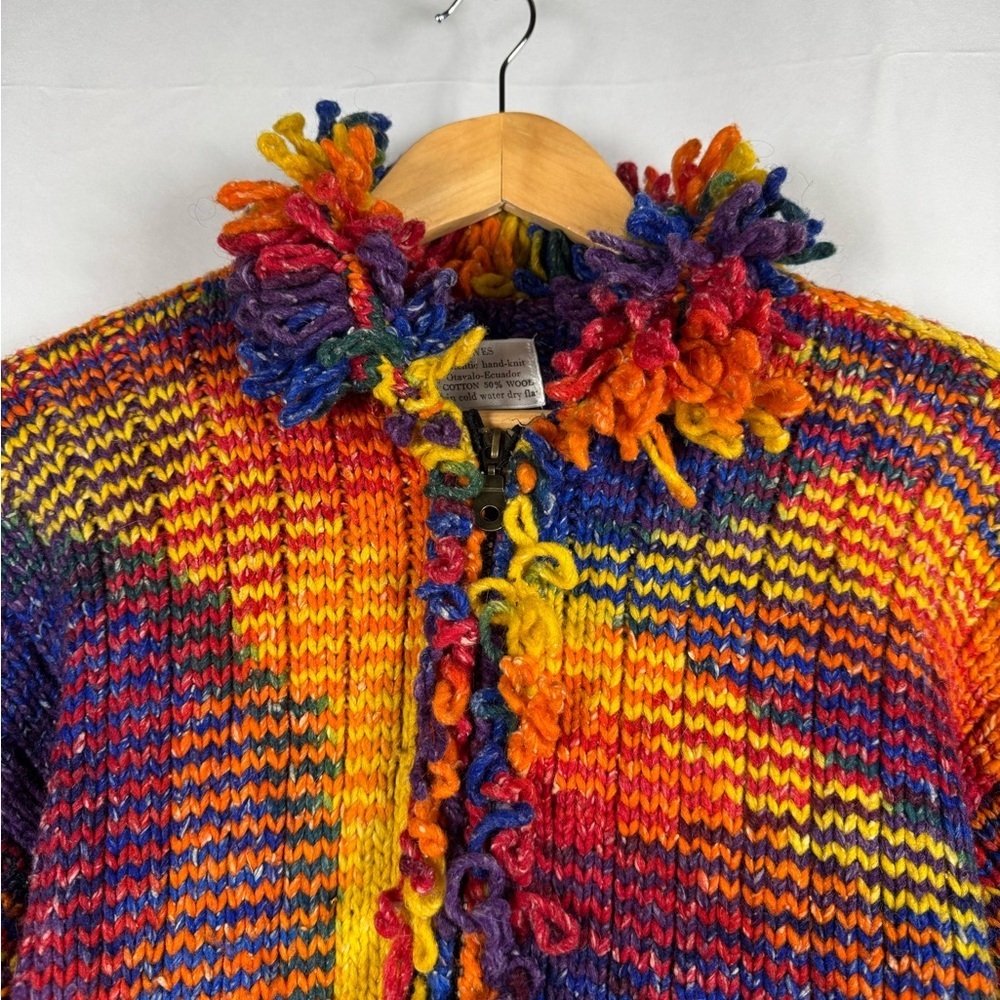 Otavalo Native Handknit Sweater Ecuador Cotton Wool Blend Rainbow Colorful Small - Picture 2 of 9